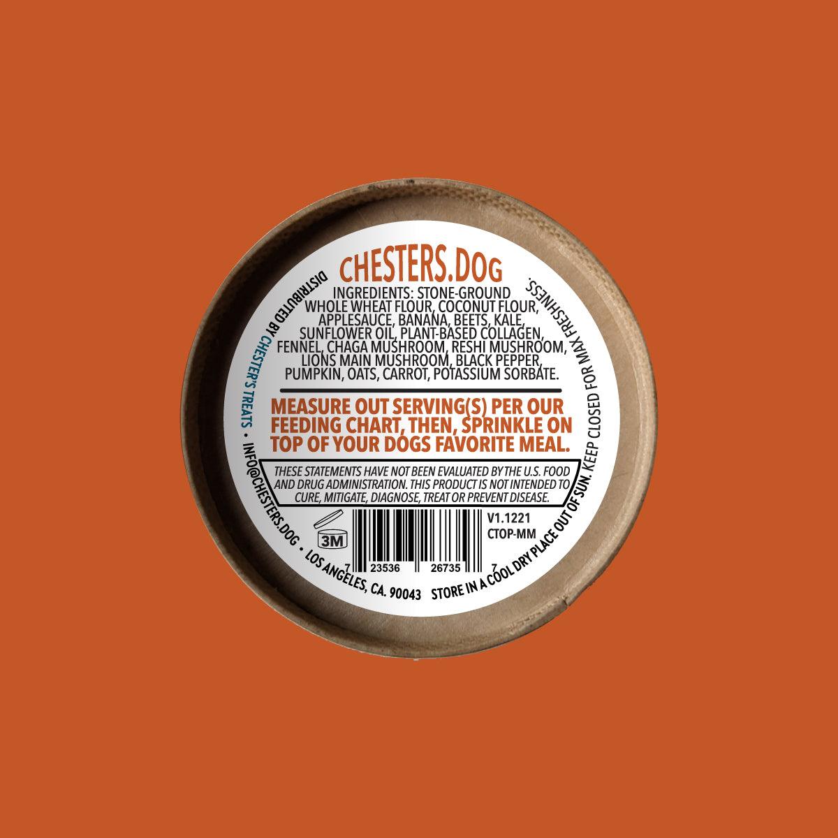 Chester's lions mane dog food topper for brain and age support | NATURAL DOG TREATS