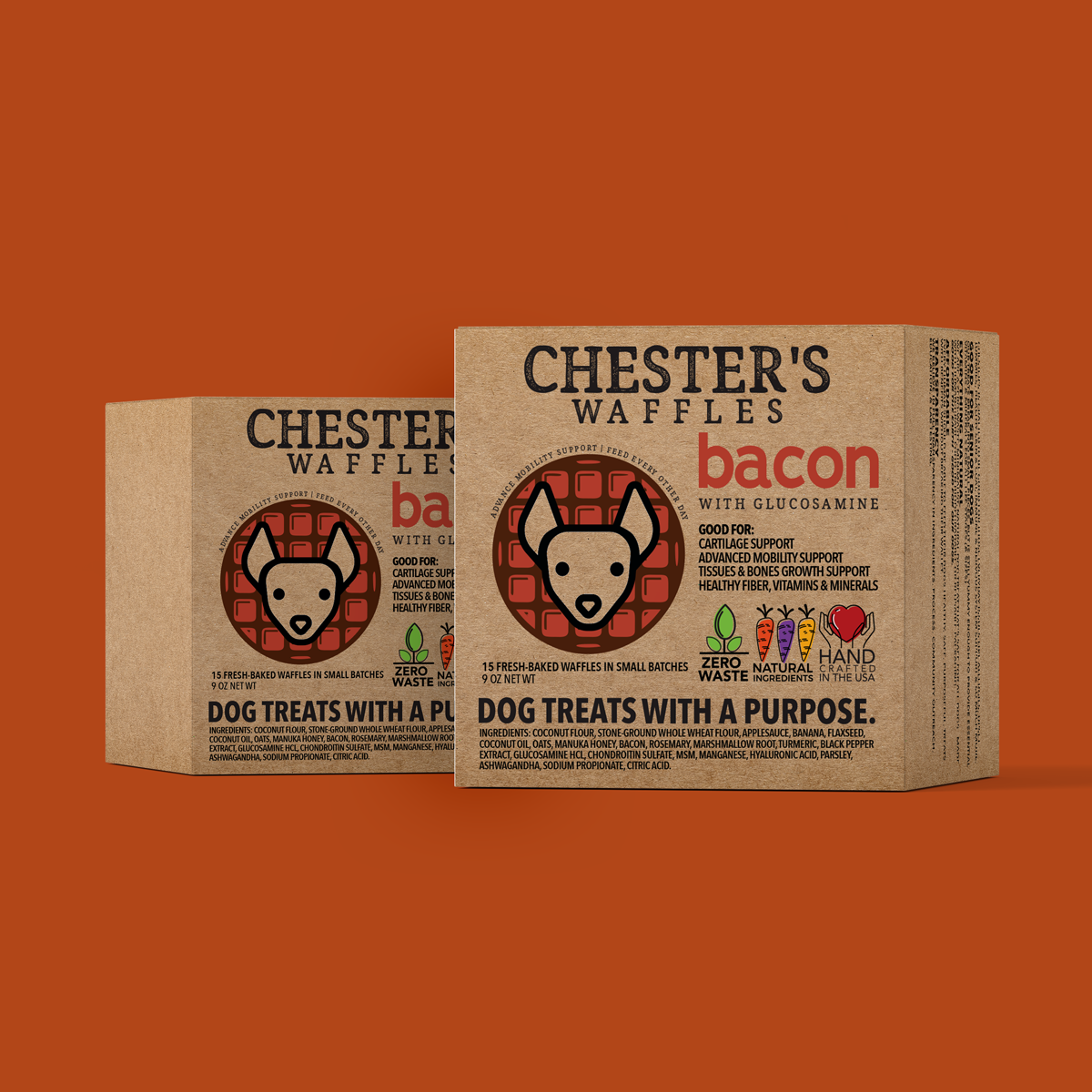 Chester’s bacon honey waffles with glucosamine for advanced mobility support  | NATURAL DOG TREATS