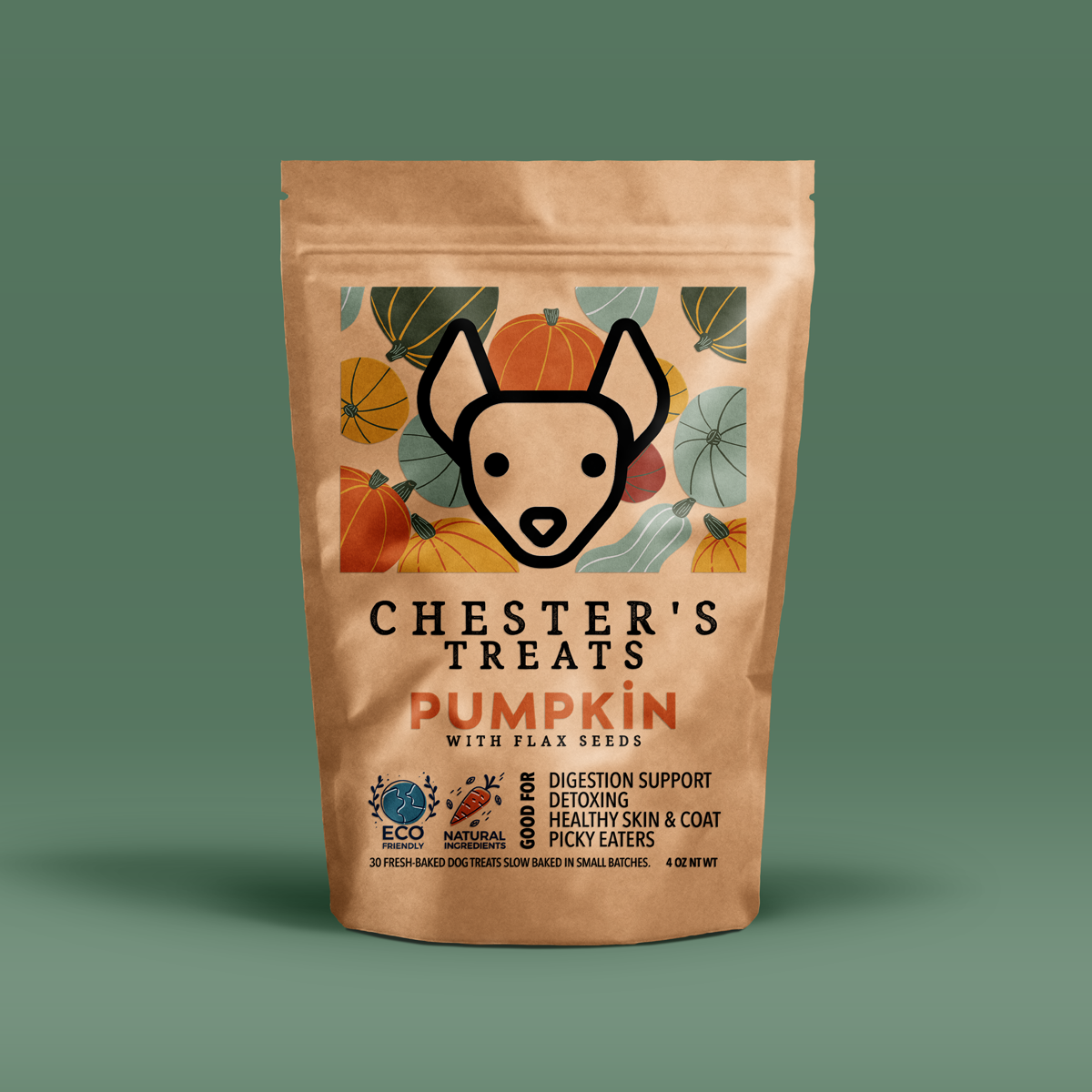 Chester's pumpkin and flax seed dog treats for healthy guts support  | NATURAL DOG TREATS