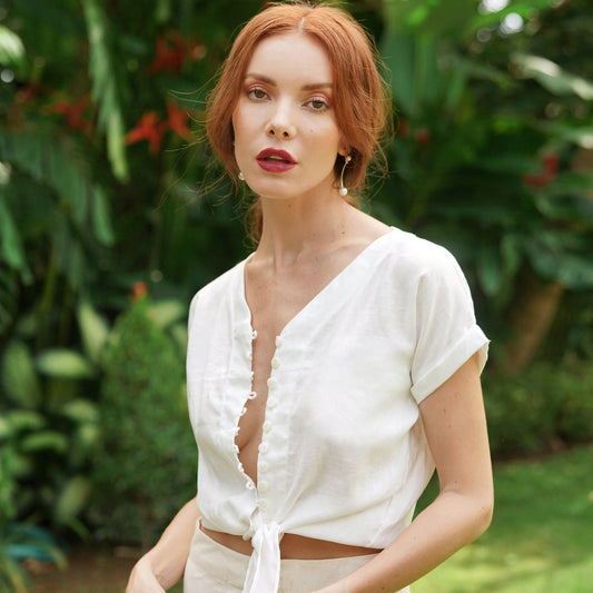 Lana Handwoven Linen Knot Shirt, in Off-White