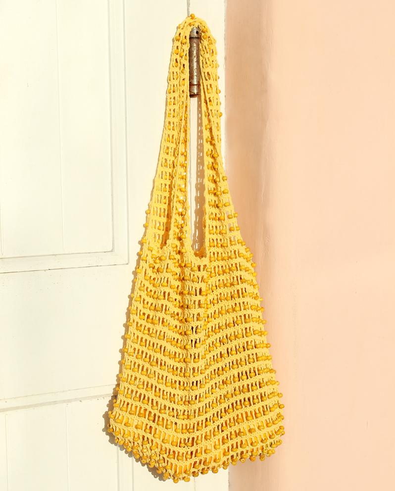 Eco-Friendly Karma Wooden Beads Crochet Bag in Pale Yellow