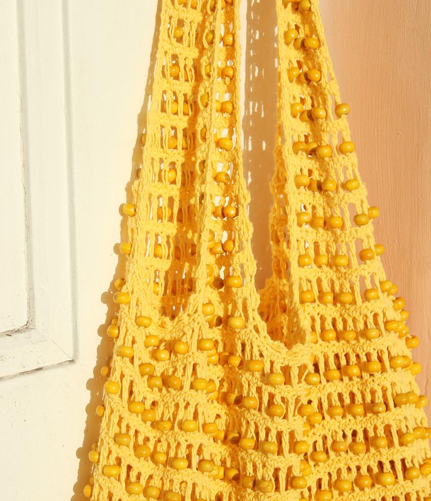 Eco-Friendly Karma Wooden Beads Crochet Bag in Pale Yellow